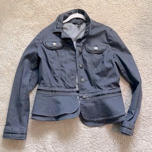 Charcoal gray denim jacket with faux leather accents